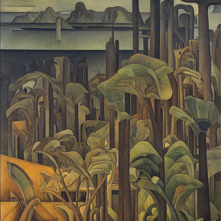 Stylized painting of green plants, forest, and mountains in muted sky