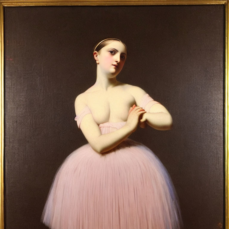 Classical portrait of woman in pink ballet costume with hair up, gazing sideways on dark background