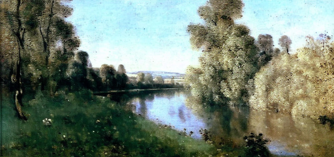 Tranquil landscape with calm river, lush trees, reflections, and distant buildings