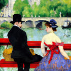 Man and woman in formal attire on red bench by river with swans and bridge