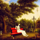 Stylized artwork of person in white dress on red bench in serene garden setting