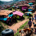 Crowded hillside slum with colorful roofs, hanging laundry, residents, and stray dogs in litter