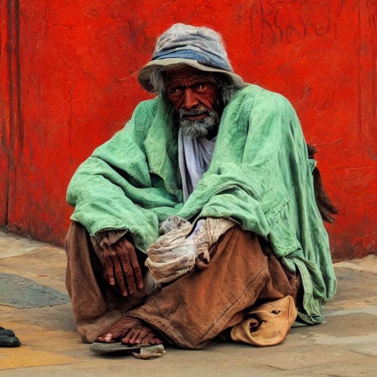 Elderly man in layered clothing and hat sitting against red wall