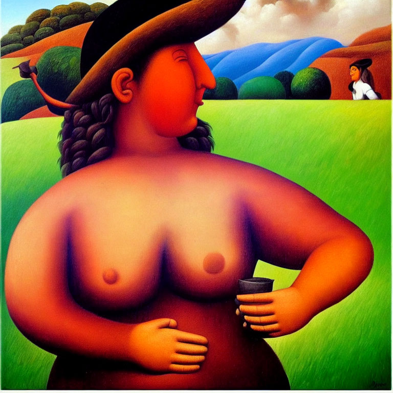 Exaggerated features woman holding cup in vibrant landscape