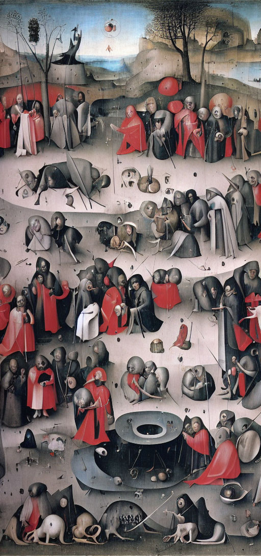 Surreal painting of robed figures in black and red in bizarre landscape