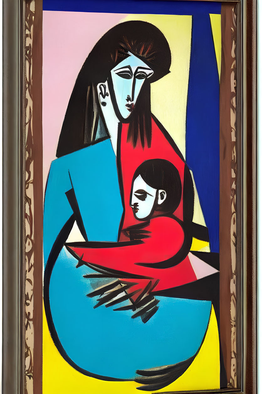 Picasso-style painting of woman and child in blue with bold lines