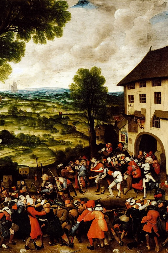 Renaissance-Era Painting of People in Colorful Attire Outdoors