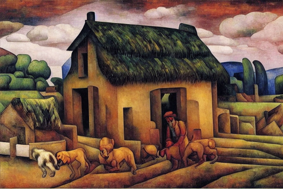 Rural landscape painting with thatched house, man in red, dogs, and geometric pattern ground