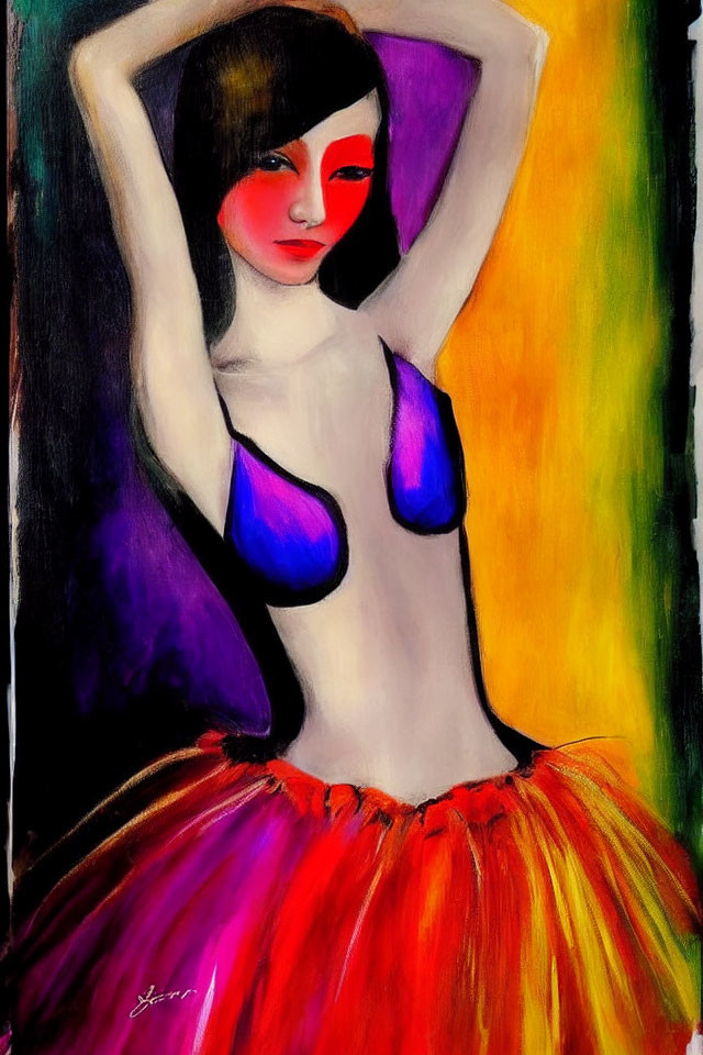 Colorful painting of stylized woman in blue top against abstract backdrop