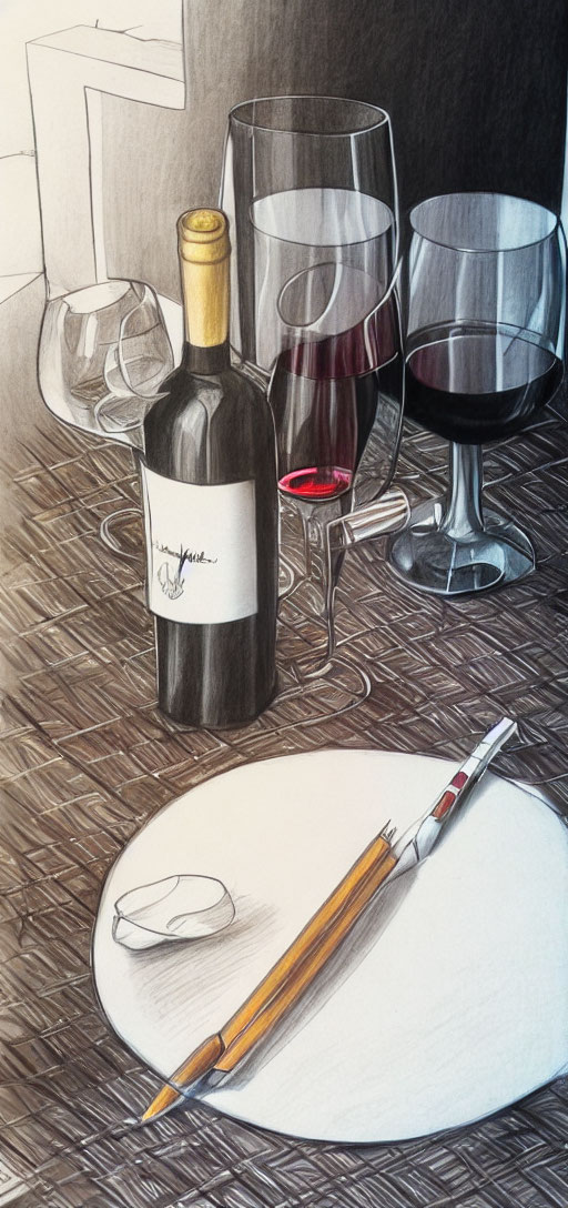 Detailed pencil drawing of wine bottle, glasses, palette, and paintbrushes on textured surface