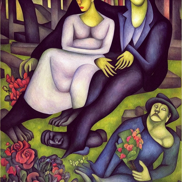 Stylized painting of three elongated figures in a floral backdrop