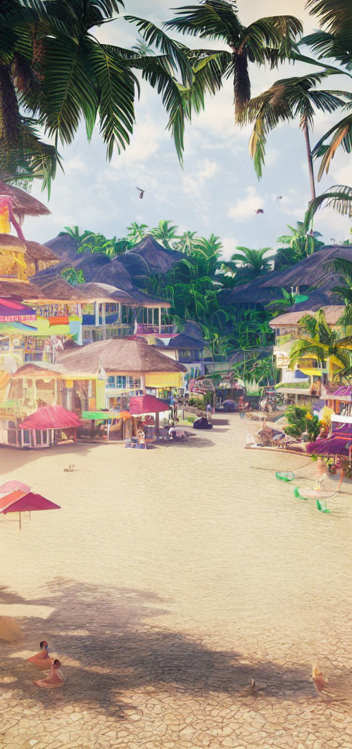 Colorful Beach Boardwalk with Thatched Roofs and Palm Trees