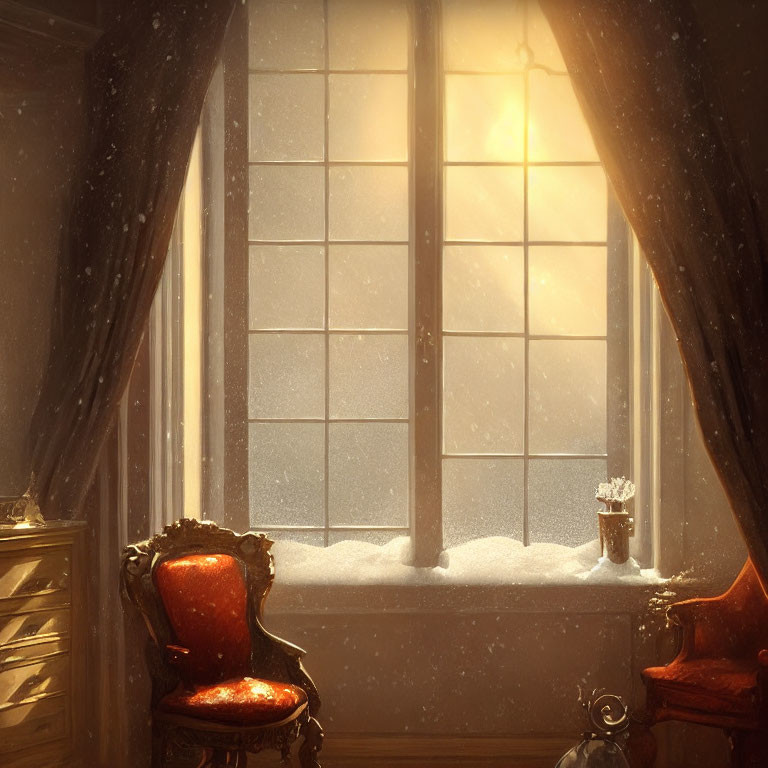 Snowy window sill scene: cozy room with red chair and falling snowflakes