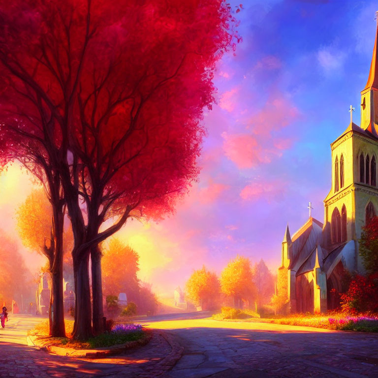 Serene town sunset digital painting with church, red trees, cyclist