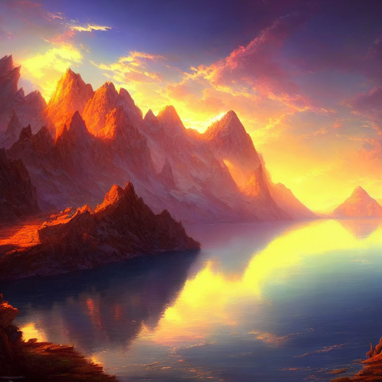 Sunlit Lake Reflecting Mountain Peaks in Hazy Sky