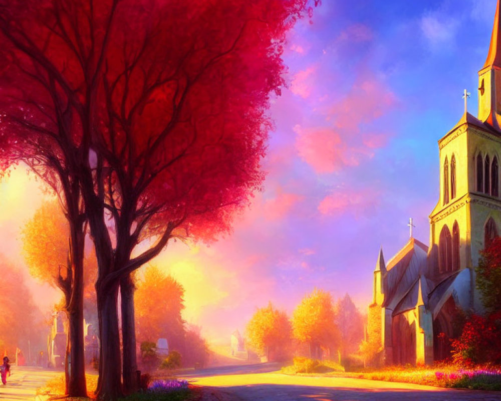Serene town sunset digital painting with church, red trees, cyclist