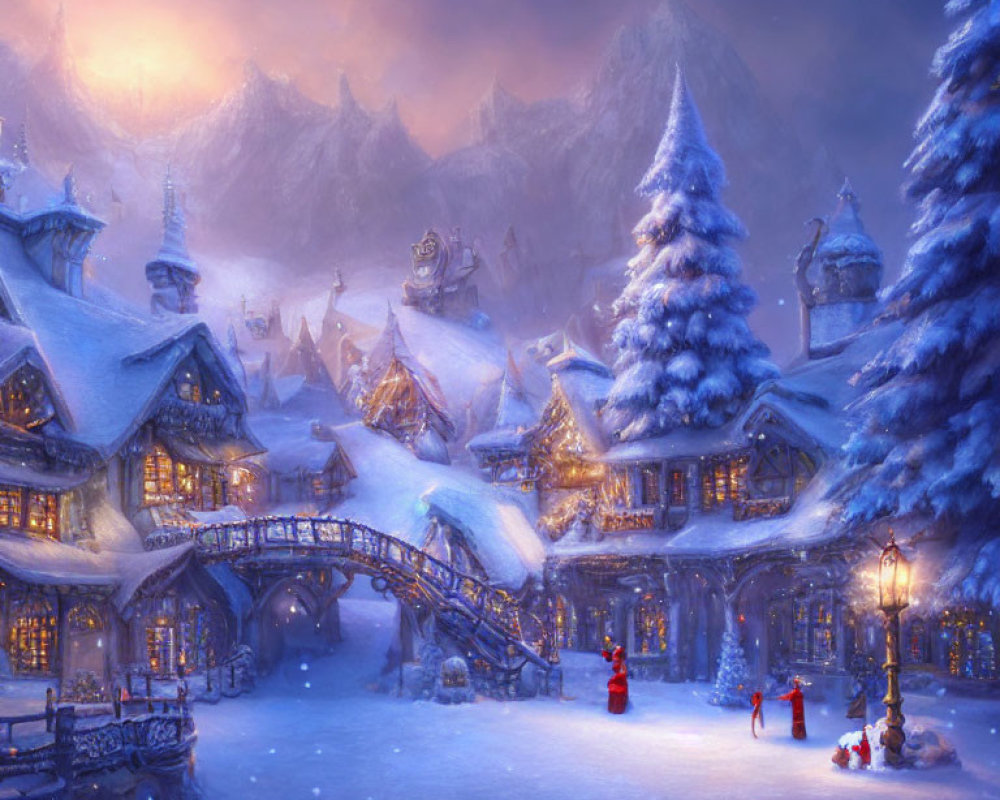 Snowy village at dusk: Glowing lights, snow-covered trees, charming houses