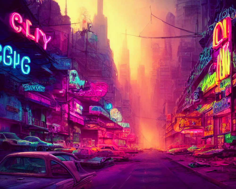 Neon-lit urban alley with retro-futuristic vibes and abandoned cars