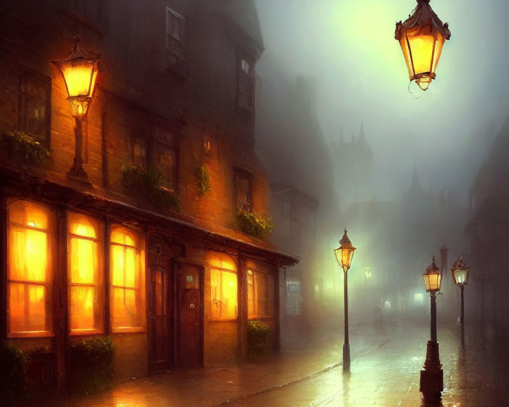 Misty night scene: illuminated street lamps on cobbled street