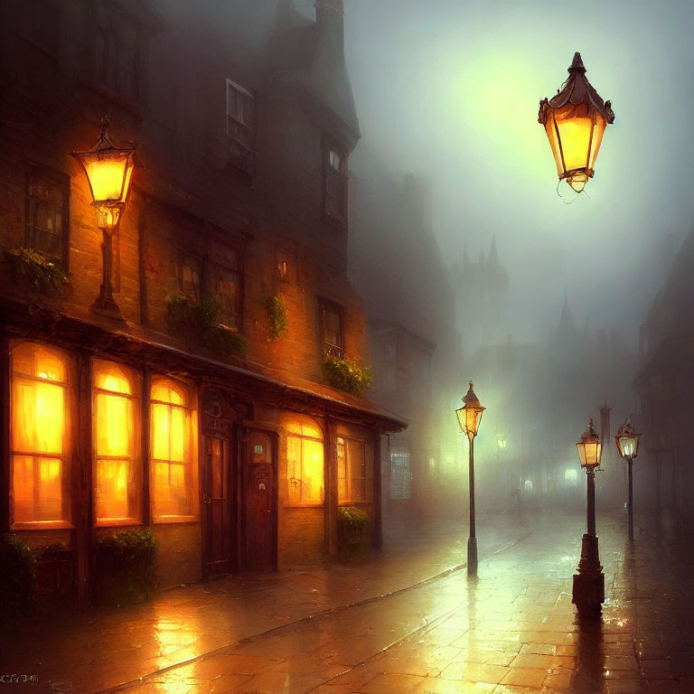 Misty night scene: illuminated street lamps on cobbled street