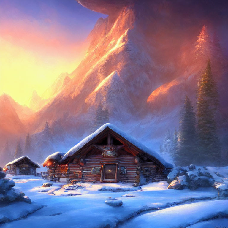 Snow-covered log cabin in serene winter mountain sunset