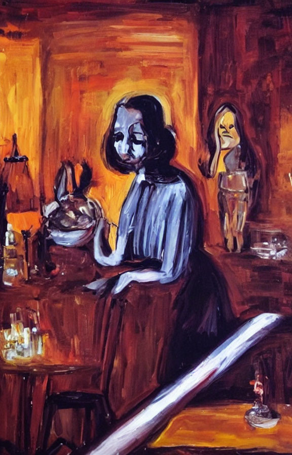 Expressionist painting: Seated woman with blue face and hands at table