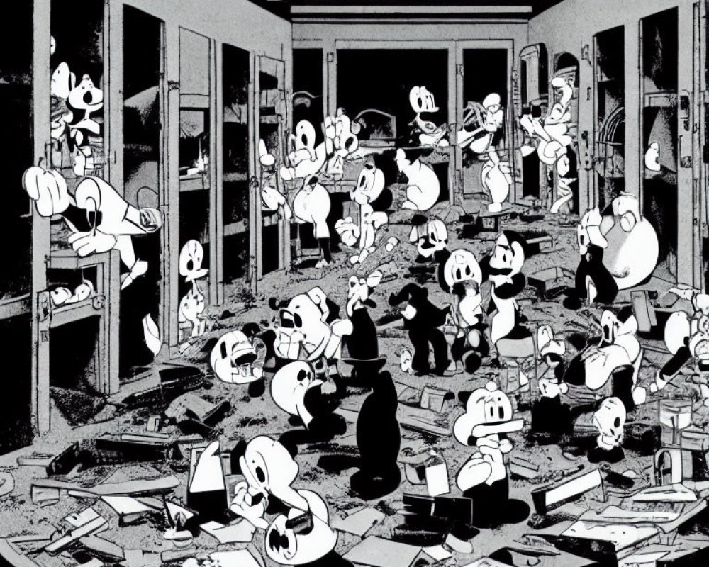 Monochrome illustration of animated characters in cluttered room