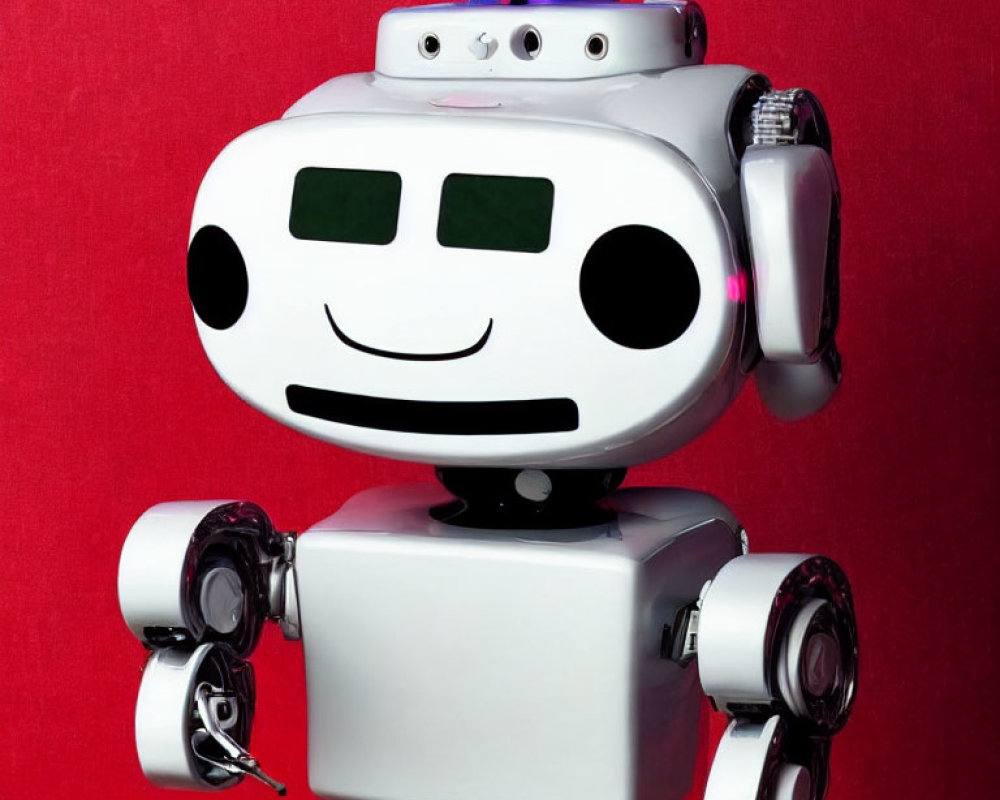 White Robot with Digital Face and Articulated Arms on Red Background