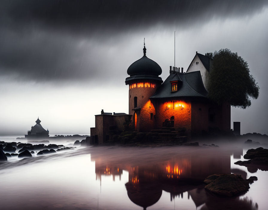 Castle-like building with warm lights under stormy sky reflected on water