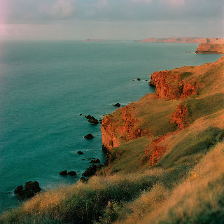 Tranquil Coastal Scene: Red-Orange Cliffs Meet Calm Blue Sea