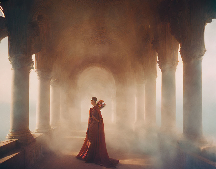 Person in red dress among ornate columns in hazy, sunlit hall