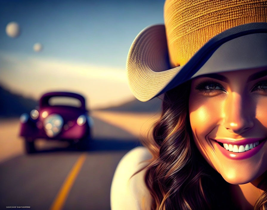 Smiling woman in hat in car with vintage purple car on scenic road