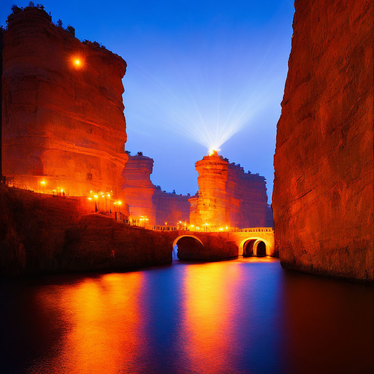 Illuminated stone bridge and canyon at night with vibrant blue and orange lights reflecting on water