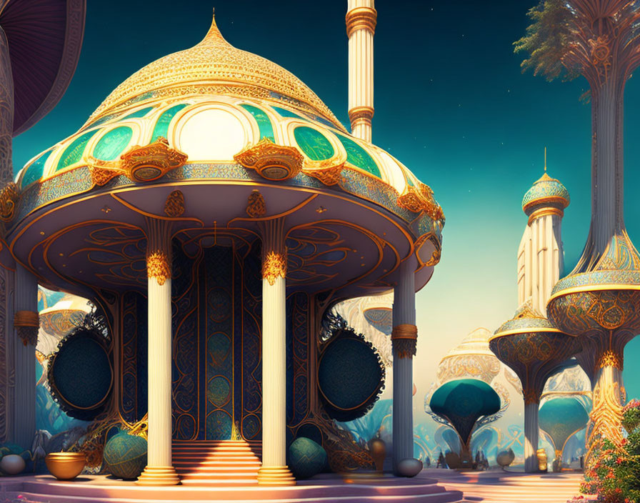 Arabian-inspired palace with golden domes and pillars