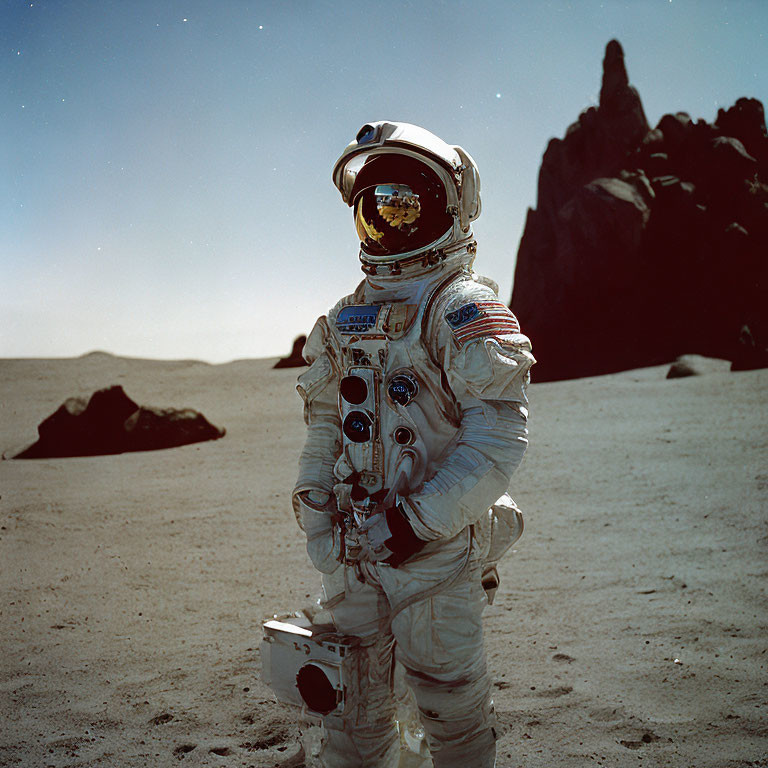 Astronaut in Spacesuit Reflects Rocky Surface in Helmet Visor