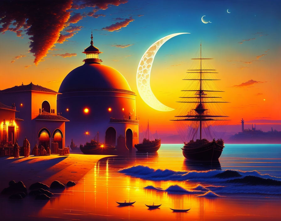 Colorful fantasy seaside scene at sunset with domed building, crescent moon, sailing ship, and