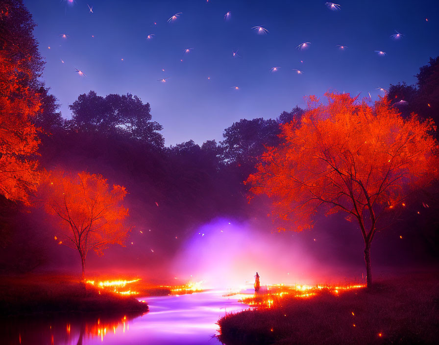 Mystical forest with orange-lit trees, figure by purple water, and floating particles