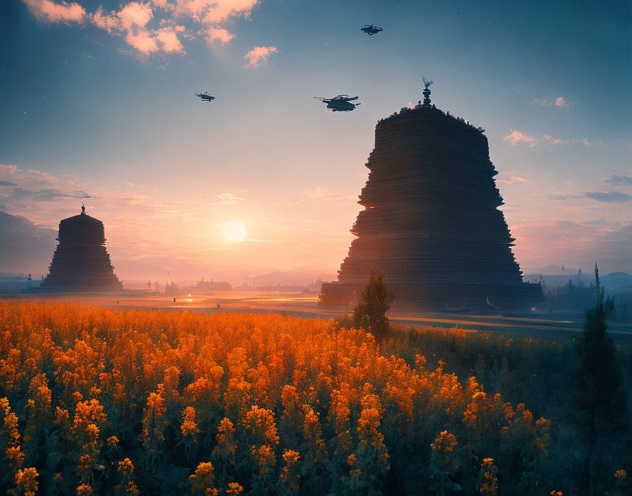 Sunrise over yellow flower field with futuristic towers and flying vehicles