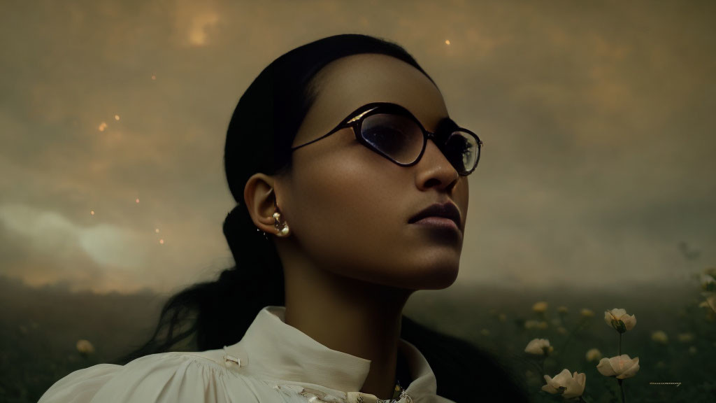 Woman with glasses in close-up against gloomy sky and flower field