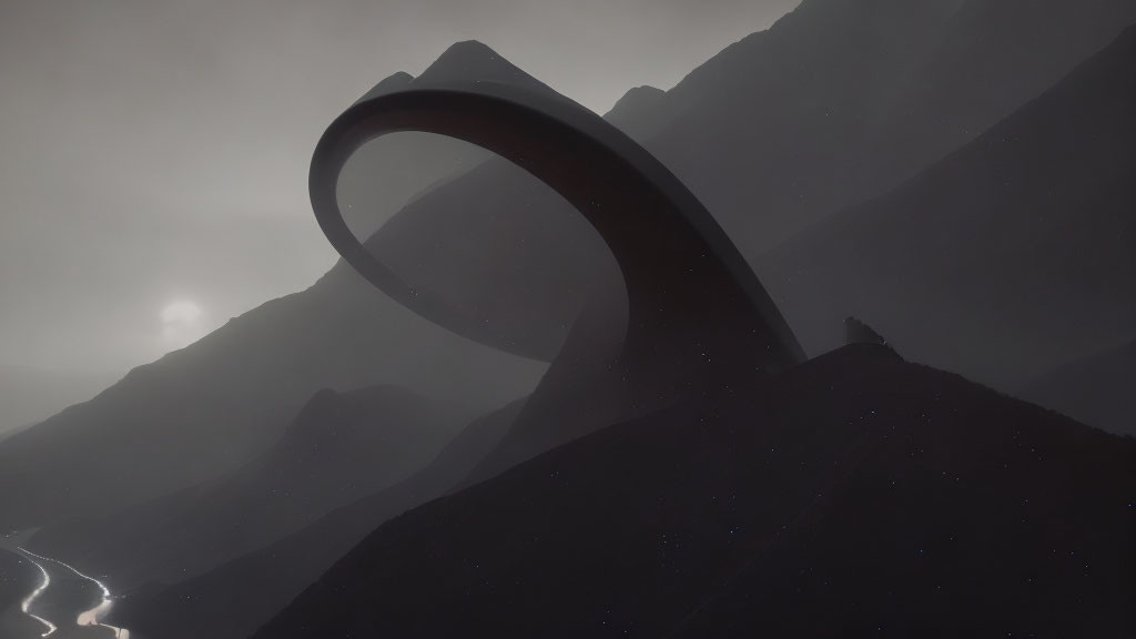 Futuristic looped structure on mountainous terrain with lightning strike and hazy sun