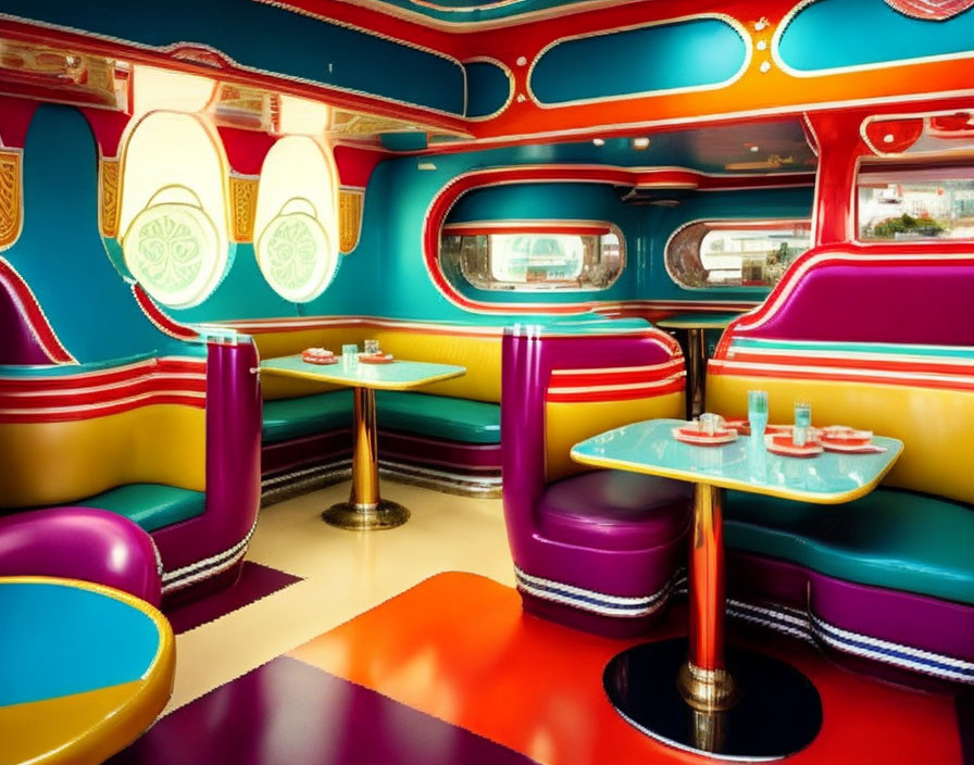 Vibrant Retro Diner Interior with Unique Train Carriage Windows