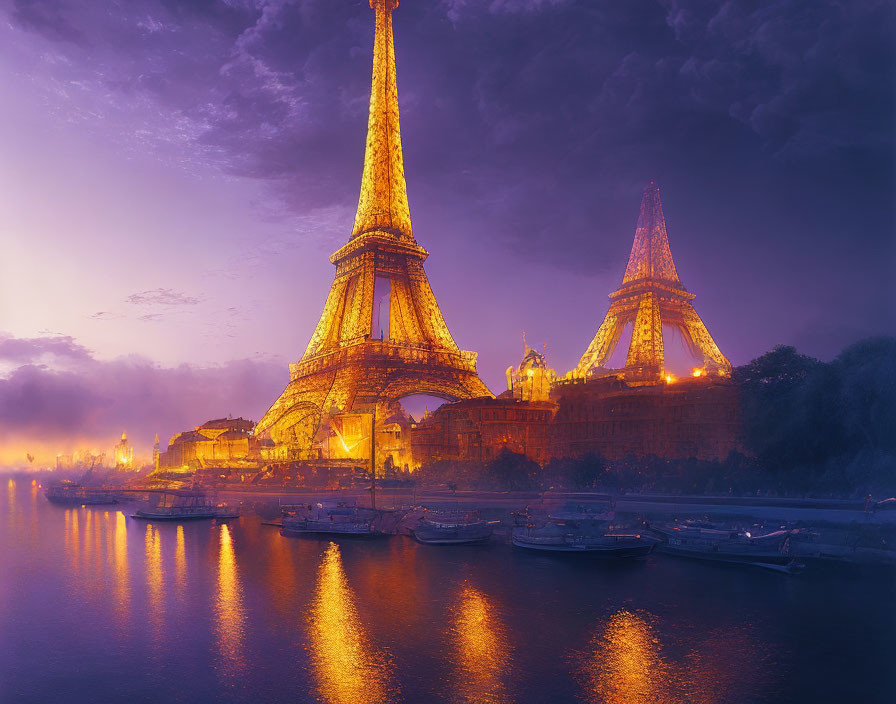 Eiffel Tower Illuminated at Twilight with Mirrored Reflection