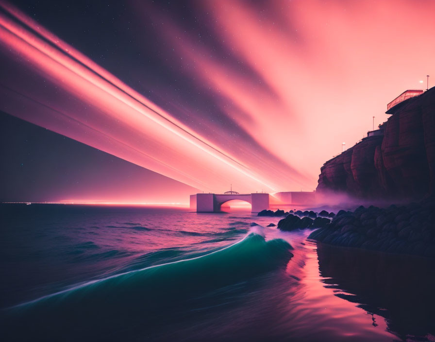 Vivid Purple and Pink Sky Seascape with Pier and Light Beams