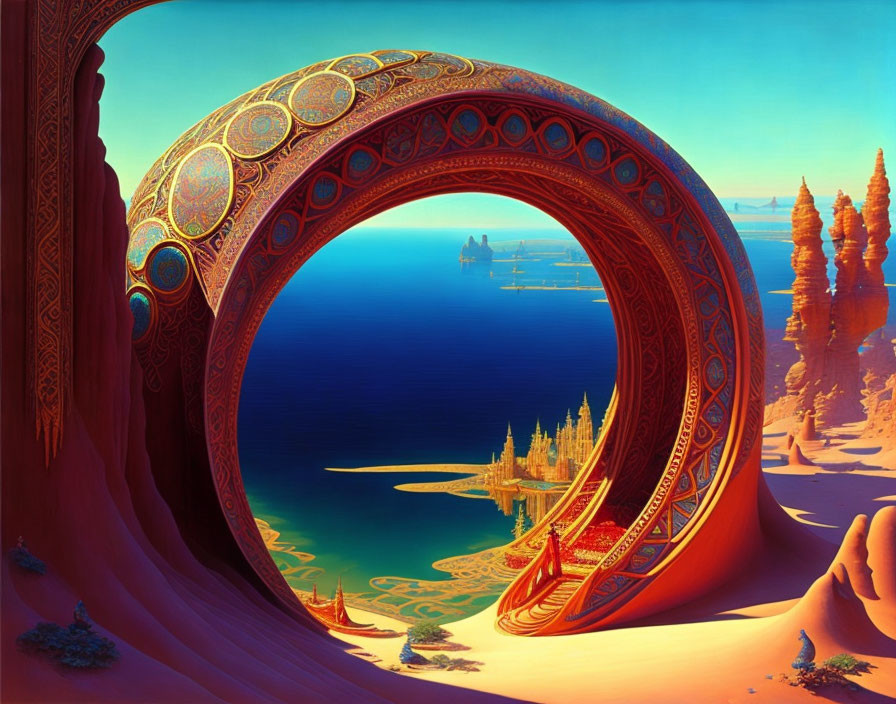 Fantastical landscape with circular portal, ocean view, and golden castle