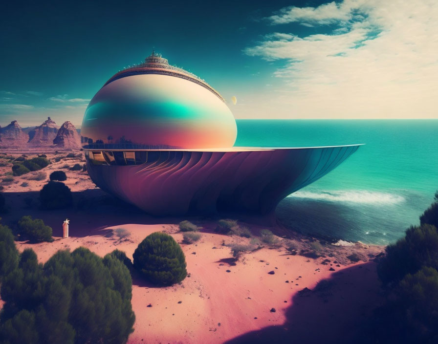 Futuristic dome-shaped building on beach with rock formations under pink sky