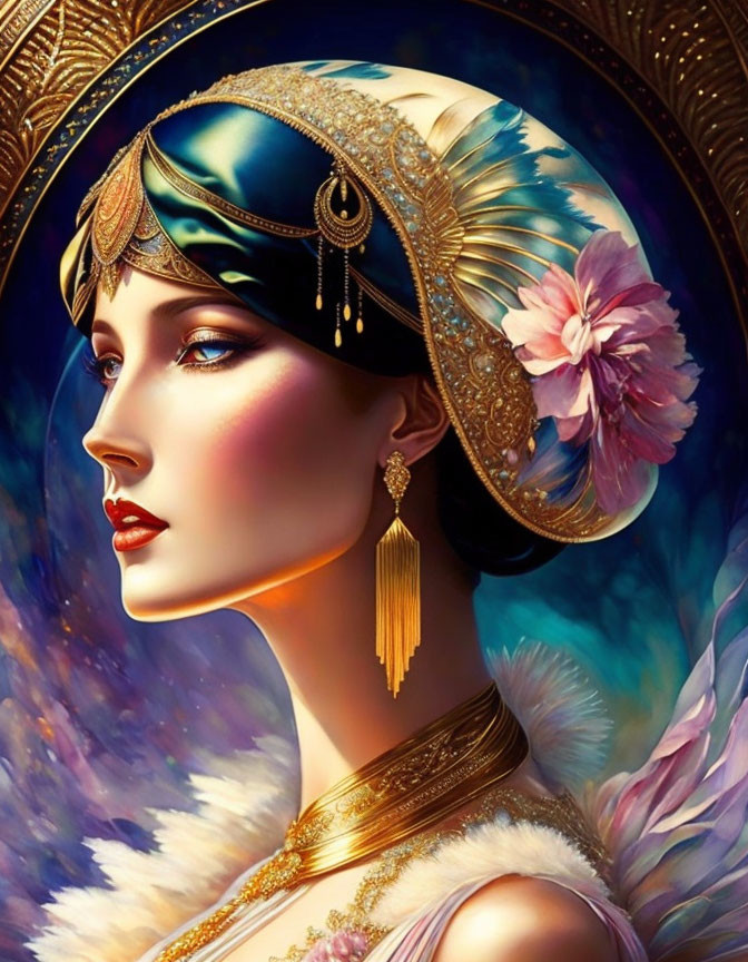 Stylized portrait of a woman with ornate headpiece and cosmic background