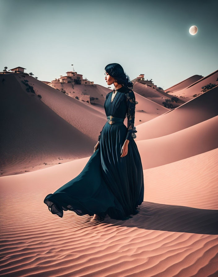 Woman in Black Dress on Sand Dunes with Moon and Village