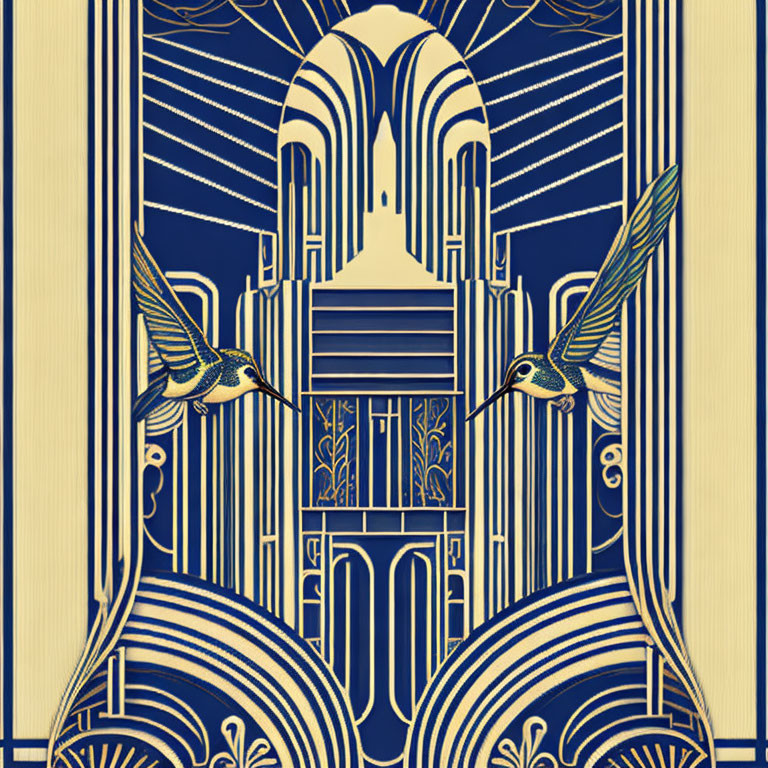 Symmetrical Art Deco Illustration with Geometric Building Facade and Hummingbirds