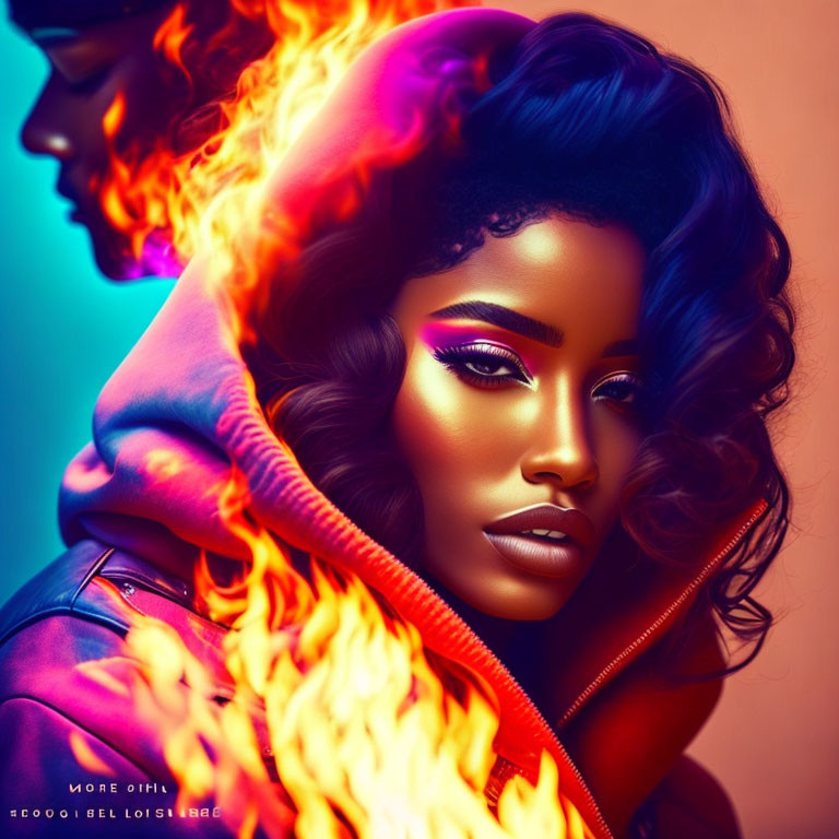 Colorful digital artwork featuring woman with curly hair, bold makeup, fiery effect, and figure in background