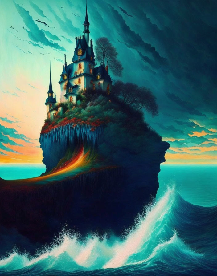 Fantastical castle on sea cliff at sunset with glowing base